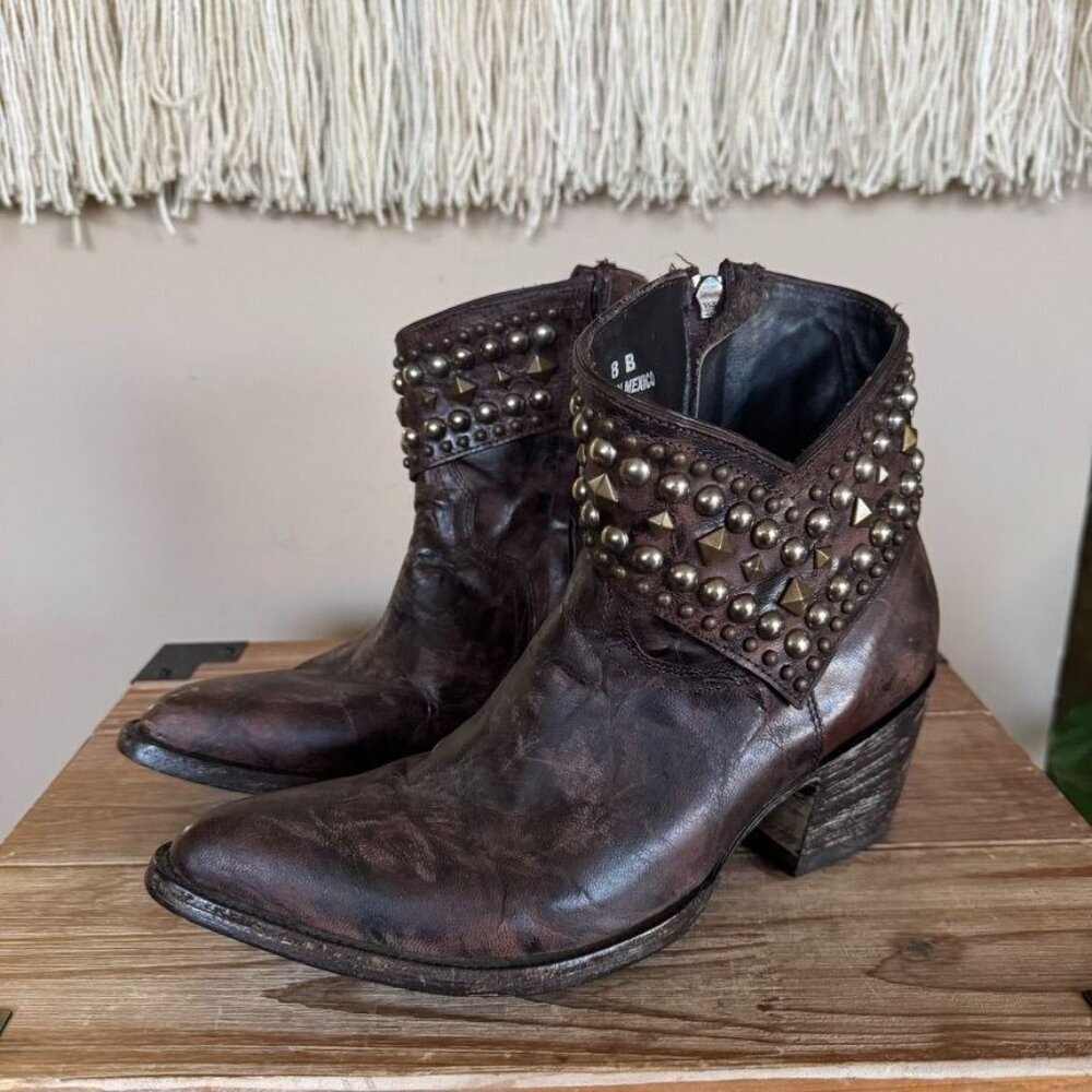 Old Gringo Mini Belinda Brown Distress Leather Studded Cowboy Ankle Boots 8